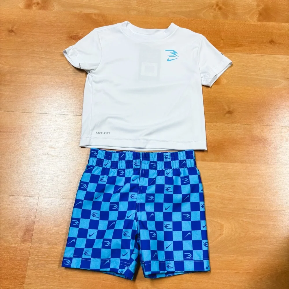 NWT Nike 3 Brand Blue & White 2-Piece Dri-Fit Swim Tee & Trunks Set Size 2T